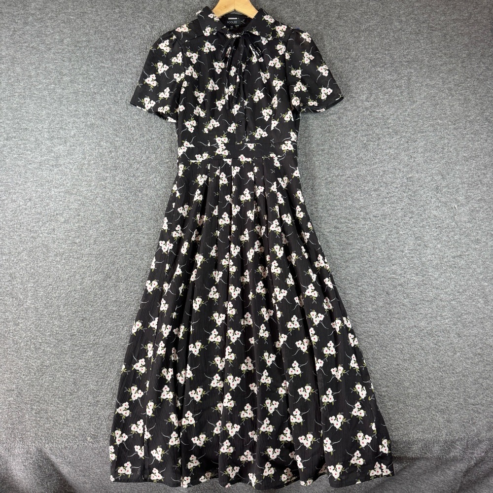 ROOLEE Dress Womens XS Black White Floral Collared Tie-Neck Midi Feminine Boho